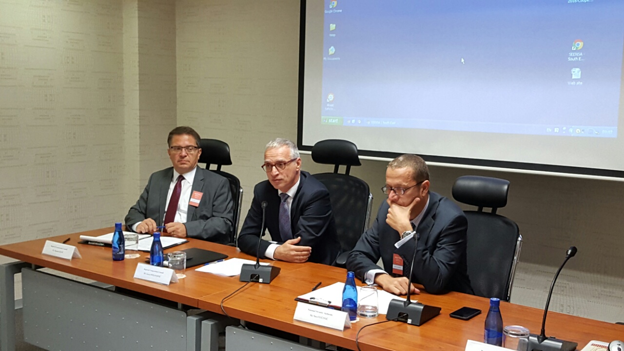 RCC Secretary General, Goran Svilanović (centre), Director of the NSA of Montenegro, Savo Vučinić (right), and Senior RCC Advisor on Security Policy Issues, Marinko Raos, at the 6th SEENSA Forum, in Podgorica on 29 September 2016. (Photo: RCC/Natasa Mitrovic)