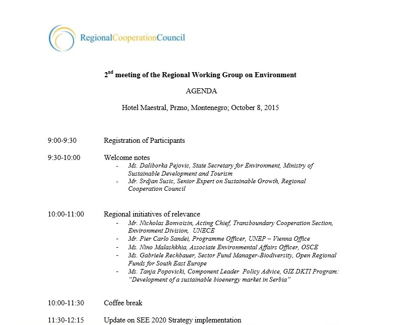 Agenda of the 2nd meeting of the Regional Working Group on Environment