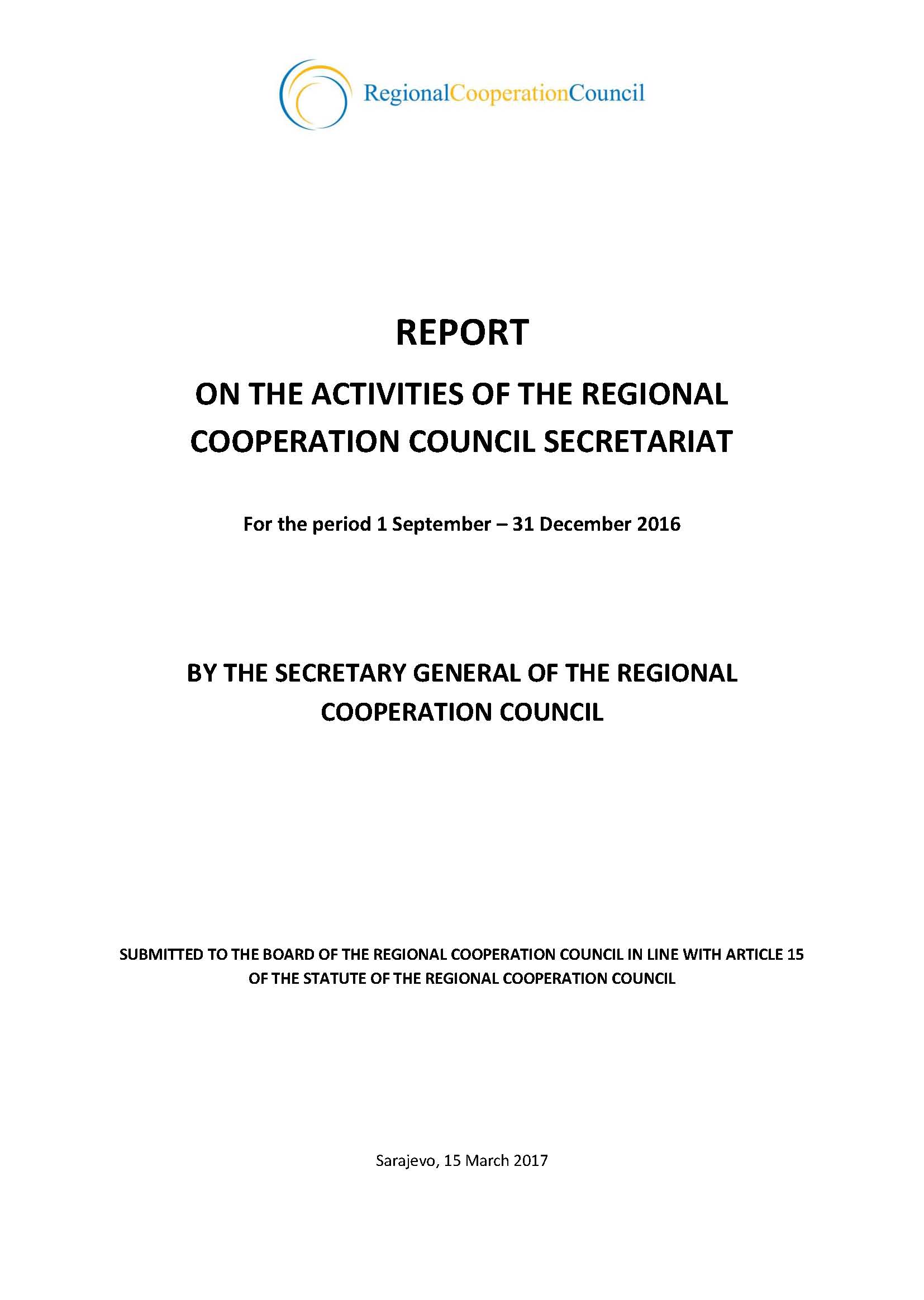 Report on the activities of the Regional Cooperation Council Secretariat for the period 1 September – 31 December 2016