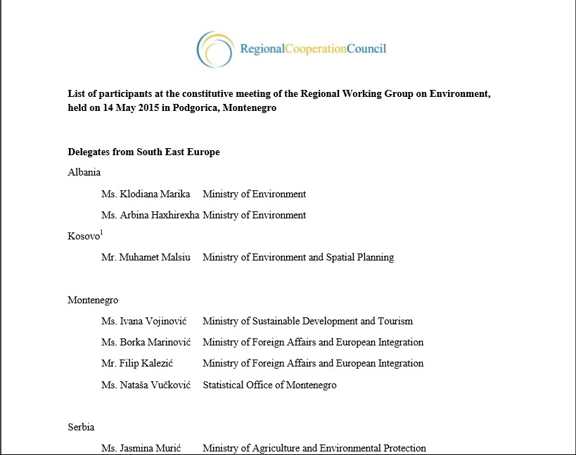 List of participants of the Constitutive meeting of the Regional Working Group on Environment