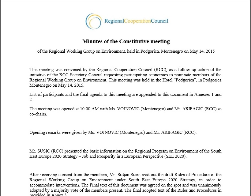 Minutes of the Constitutive meeting of the Regional Working Group on Environment
