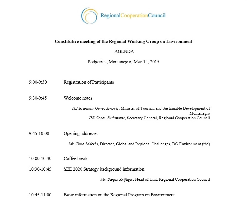 Agenda of the constitutive meeting of the Regional Working Group on Environment