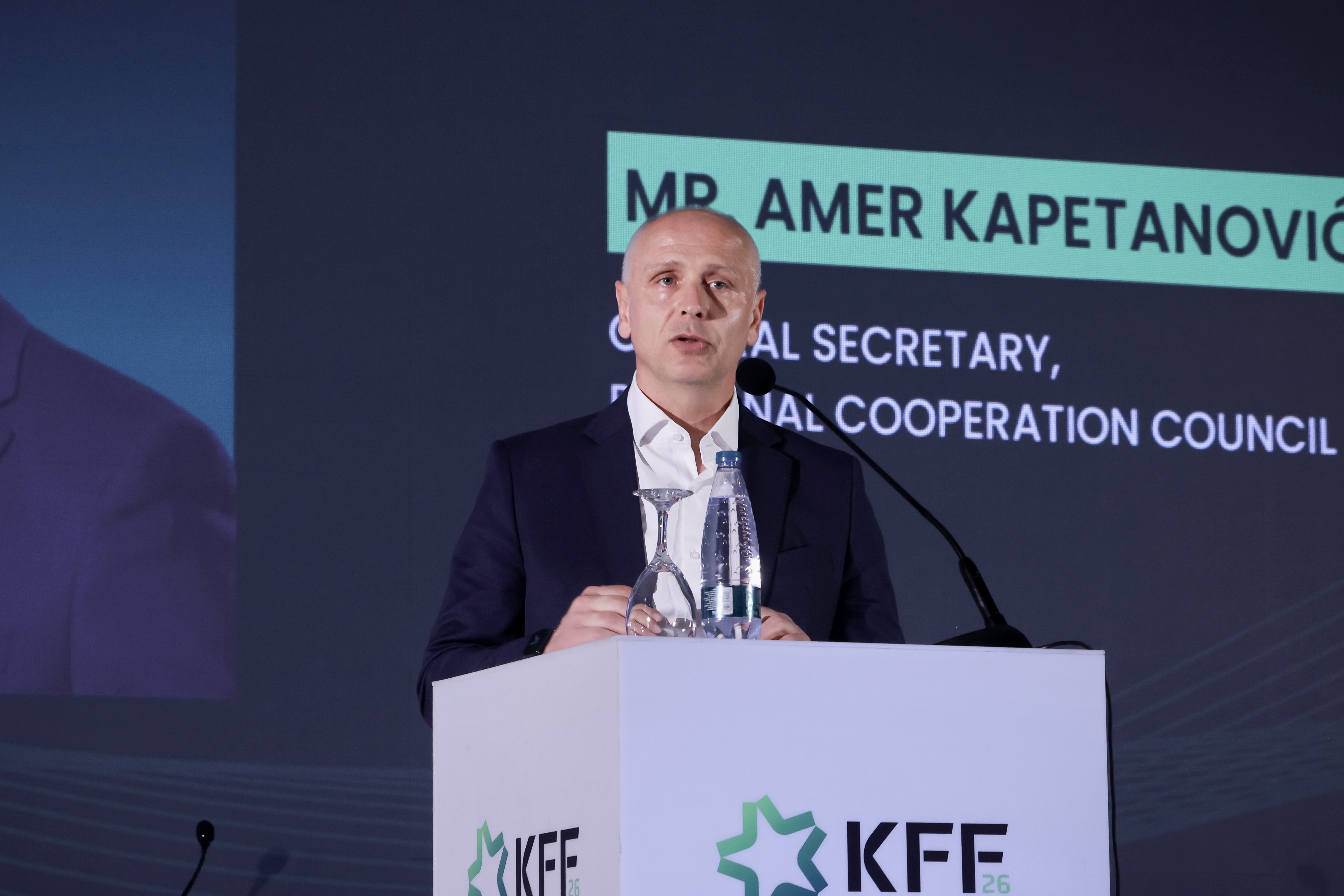 RCC Secretary General Amer Kapetanovic gave a key-note speech at the KFF2026 business forum held in Pristina on 28 April 2026 (Photo: RCC/Valdrin Xhemaj)