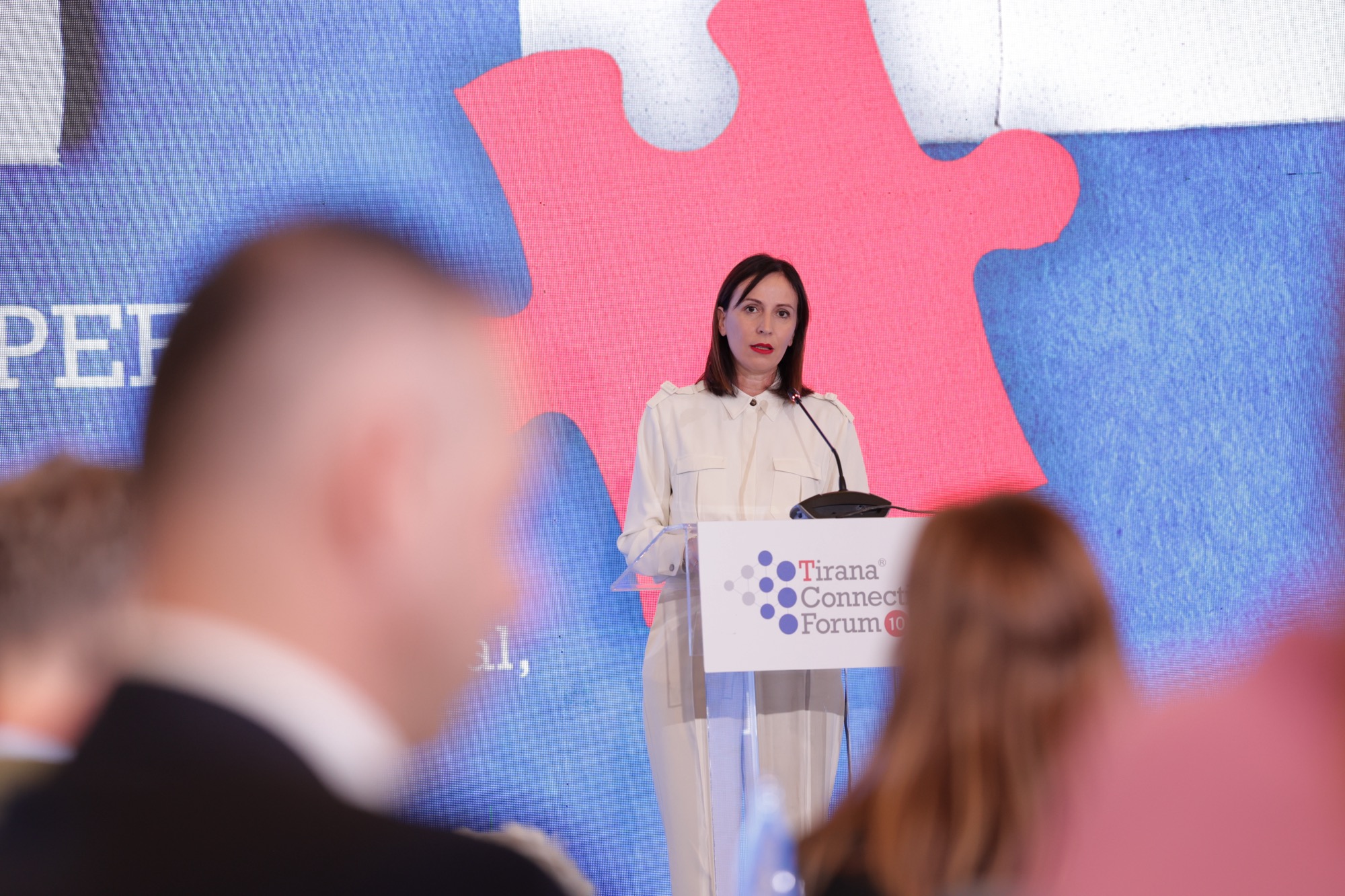 Elda Kalaja, Head of Office of Secretary General of Regional Cooperation Council (RCC) giving a keynote speech at 10th Tirana Connectivity Forum in Tirana on 11 September 2024 (Photo: Courtesy of CDI)