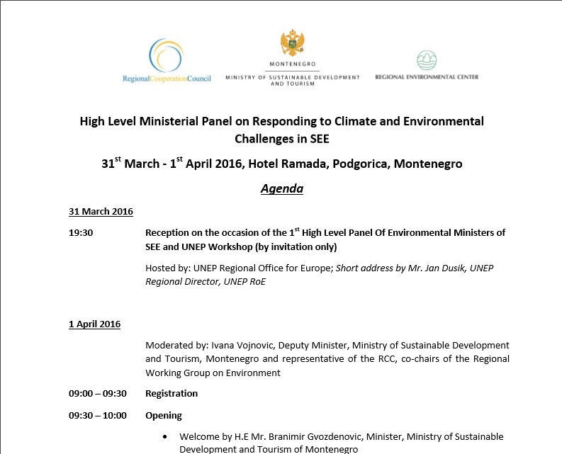 Agenda of High Level Ministerial Panel on Responding to Climate and Environmental Challenges in SEE