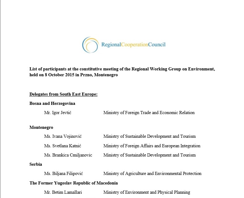 List of participants of the 2nd meeting of the Regional Working Group on Environment
