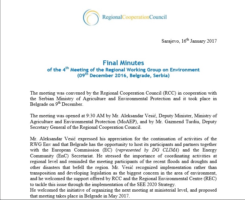 Minutes of 4th meeting of the Regional Working Group on Environment