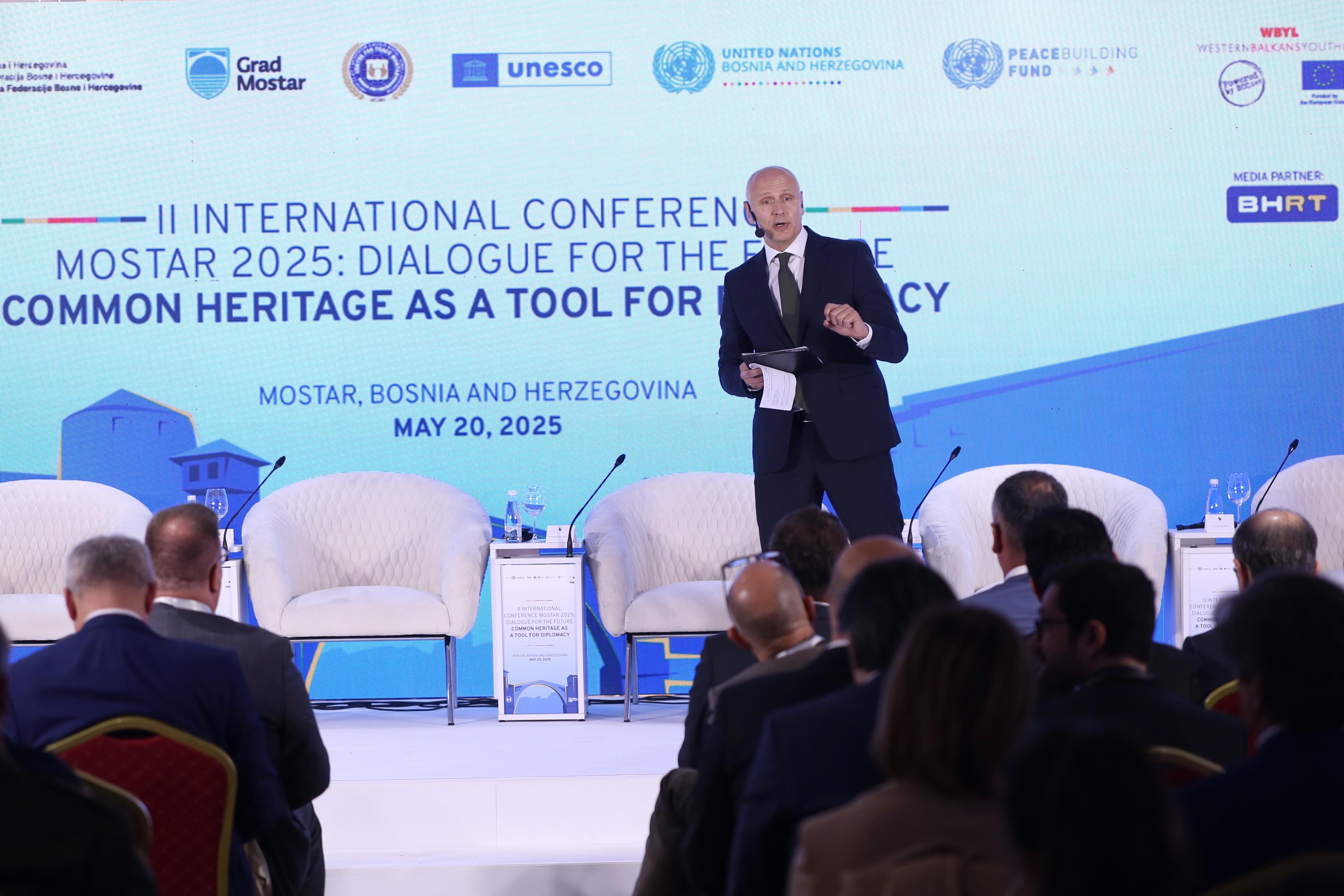 RCC Secretary General Amer Kapetanovic speaking at the high-level Diplomatic Panel: “Shared Heritage as a Tool of Diplomacy”, held in Mostar on 20 May 2025 (Photo: RCC/Jasmin Sakovic)