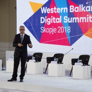 RCC Secretary General Goran Svilanovic, gives a key note speech to the WB prime ministers' panel of the first Western Balkan Digital Summit, on 18 April 2018 in Skopje. (Photo: Vedad Kamenjasevic)