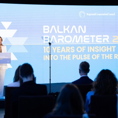 RCC Secretary General Majlinda Bregu presenting Balkan Barometer 2024 on 16 September 2024 in Tirana (Photo: RCC/Henri Koci)