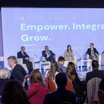 Panelists, including RCC Secretary General Amer Kapetanovic at the High-Level Conference on Regional Economic Integration: Empower. Integrate. Grow., held in Becic, Montenegro on 28 January 2025 (Photo: RCC/Danilo Papic)
