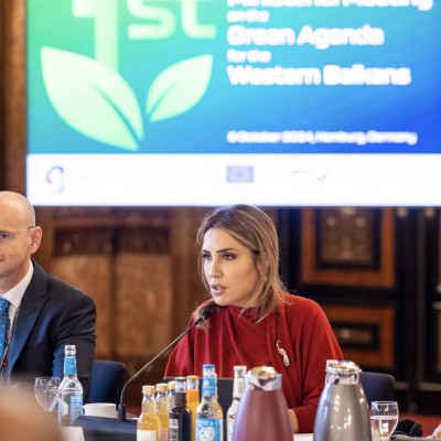 RCC Secretary General Majlinda Bregu opening the Western Balkans Six Meeting on the Green Agenda, on 8 October 2024 in Hamburg, Germany (Photo: RCC/Markus Haaser)