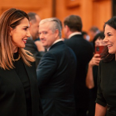 RCC Secretary General Majlinda Bregu with German Foreign Minister, Annalena Baerbock at the meeting of Ministers of Foreign Affairs of the Berlin Process on 1 October 2024 in Berlin (Photo: RCC/Elmas Libohova)