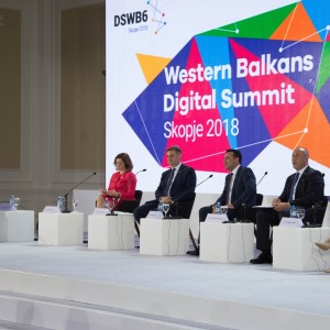 RCC Secretary General Goran Svilanovic (first left), with WB Prime Ministers Denis Zvizdic (second left), Zoran Zaev (centre) and Ramush Haradinaj (second right), at the first Western Balkan Digital Summit, on 18 April 2018 in Skopje. (Photo: Vedad Kamenjasevic)