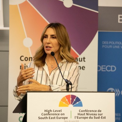 RCC Secretary General Majlinda Bregu at the opening panel of OECD High-Level Conference on South East Europe, in Paris on 26 June 2024 (Photo: OECD)