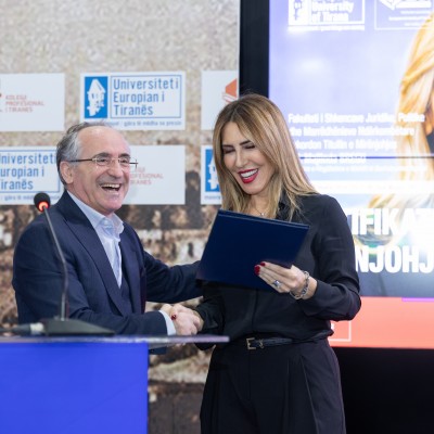 President of the European University of Tirana, Selami Xhepa presented Ms Bregu with a Certificate of Appreciation celebrating her lifelong dedication to advancing European integration of the Western Balkans (Photo: RCC/Henri Koci)