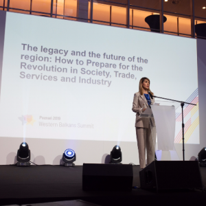 RCC Secretary General Majlinda Bregu at the opening session of the Western Balkans Summit in Poznan, 4 July 2019 (Photo: RCC/Erik Witsoe) 