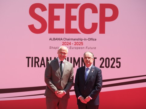 RCC Secretary General Amer Kapetanovic with the President of Albania Bajram Begaj ahead of the SEECP Summit held in Tirana on 16 June 2025 (Photo: Armand Habazaj)