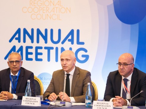 RCC held its Annual Meeting in Tirana on 16 June 2025. 17th Annual Meeting was co-chaired by Amer Kapetanović, RCC Secretary General (in the middle), and Gazmend Barbullushi, Director General at the Ministry for Europe and Foreign Affairs of Albania as Chair-in-Office of the SEECP (on the left), together with RCC Deputy Secretary General/ Senior Economic Policy Analyst/ SEE 2030 Coordinator Arslan Umut Ergezer (Photo: RCC/Armand Habazaj)