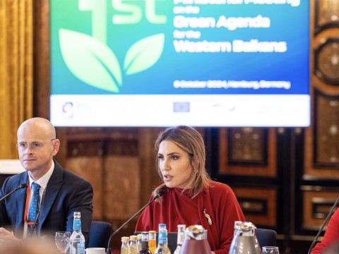 RCC Secretary General Majlinda Bregu opening the Western Balkans Six Meeting on the Green Agenda, on 8 October 2024 in Hamburg, Germany (Photo: RCC/Markus Haaser)