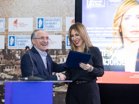 President of the European University of Tirana, Selami Xhepa presented Ms Bregu with a Certificate of Appreciation celebrating her lifelong dedication to advancing European integration of the Western Balkans (Photo: RCC/Henri Koci)