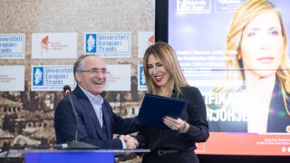 President of the European University of Tirana, Selami Xhepa presented Ms Bregu with a Certificate of Appreciation celebrating her lifelong dedication to advancing European integration of the Western Balkans (Photo: RCC/Henri Koci)