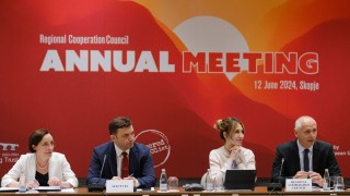 (from left to right): Jadranka Chaushevska Dimov, Director for Bilateral Relations with the countries of South East Europe and Regional Initiatives at the North Macedonia's Ministry of Foreign Affairs, Bujar Osmani, Minister of Foreign Affairs of North Macedonia, Majlinda Bregu, Secretary General of the Regional Cooperation Council (RCC) and Amer Kapetanovic, RCC's Head of Political Department and upcoming Secretary General of the RCC Secretariat at the opening of 16th RCC Annual Meeting, in Skopje on 12 June 2024 (Photo: RCC/Armand Habazaj)
